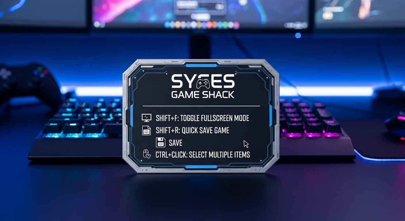 Keyboard shortcut guide for Syces Game Shack including Shift+F, Shift+R, and Ctrl+Click