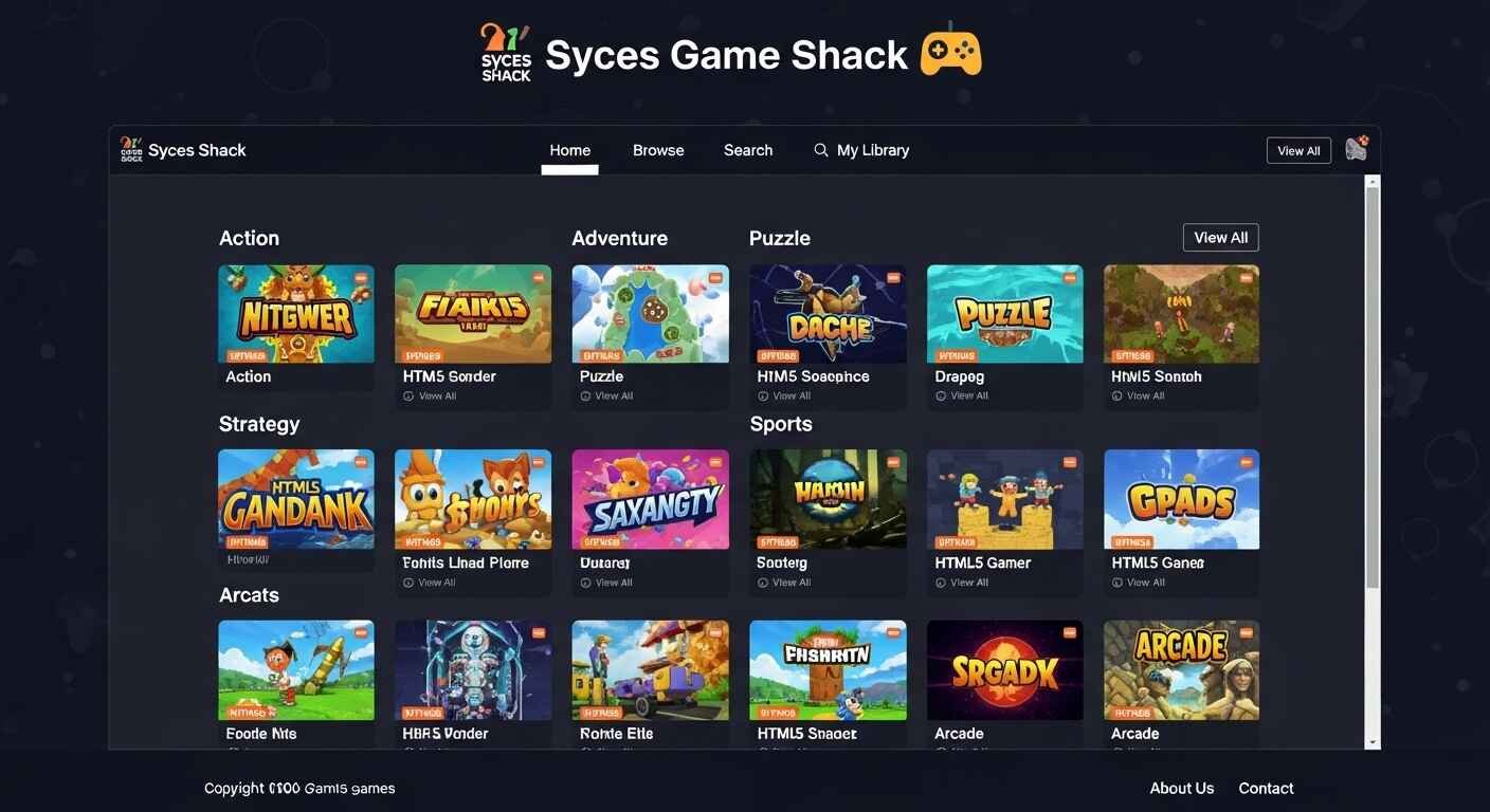 Syces Game Shack game library featuring over 160 HTML5 games organized by genre.